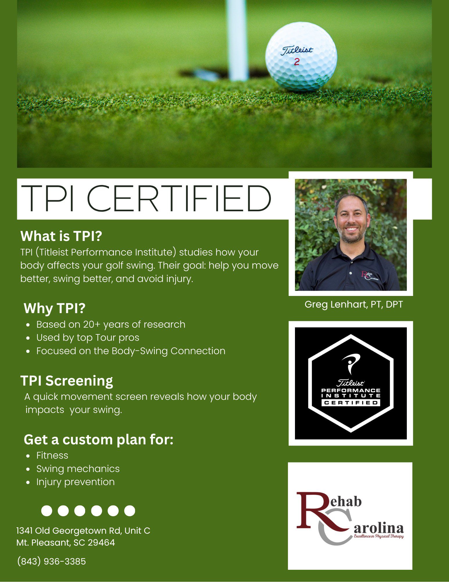 Ever wonder why your swing feels inconsistent or why certain aches keep popping up? 🤔

TPI (Titleist Performance Institute) Screening looks at how your body moves and how that movement affects your golf swing. ⛳

Our TPI Certified PT creates a custom plan focused on:
- Golf-specific fitness
- Swing Efficiency
- Injury prevention

Start the year moving and golfing better! 🏆 #RehabCarolina #charlestonsc #physicaltherapist #GolfPerformance #TitleistPerformanceInstitute #GolfRehab #golfcharleston